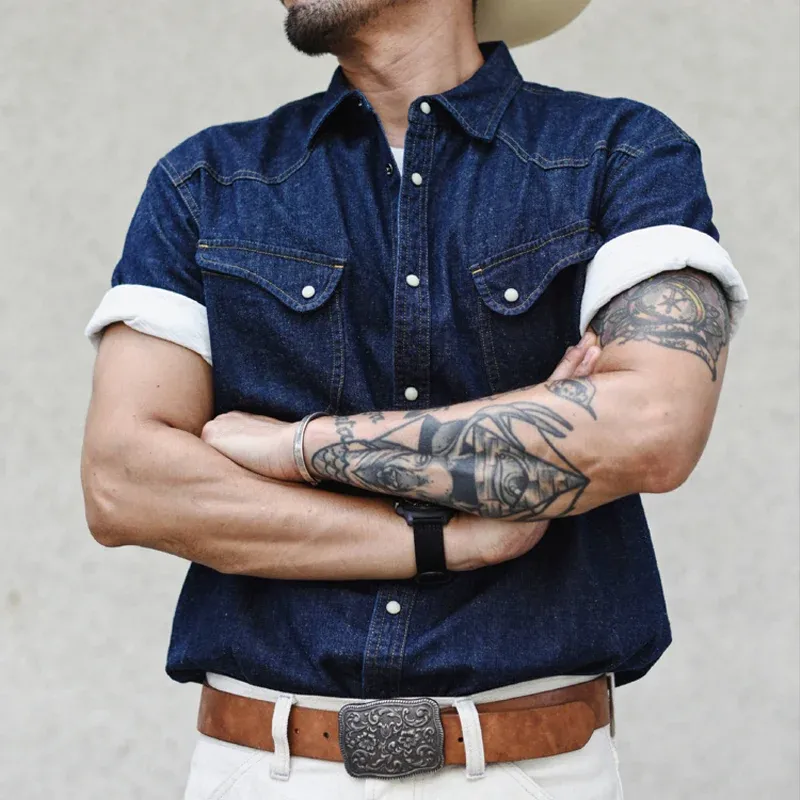 Men's Fashion Cargo Denim Lapel Chest Pocket Short Sleeve Shirt MTA1249D2Z sold by Manly product image thumbnail 4