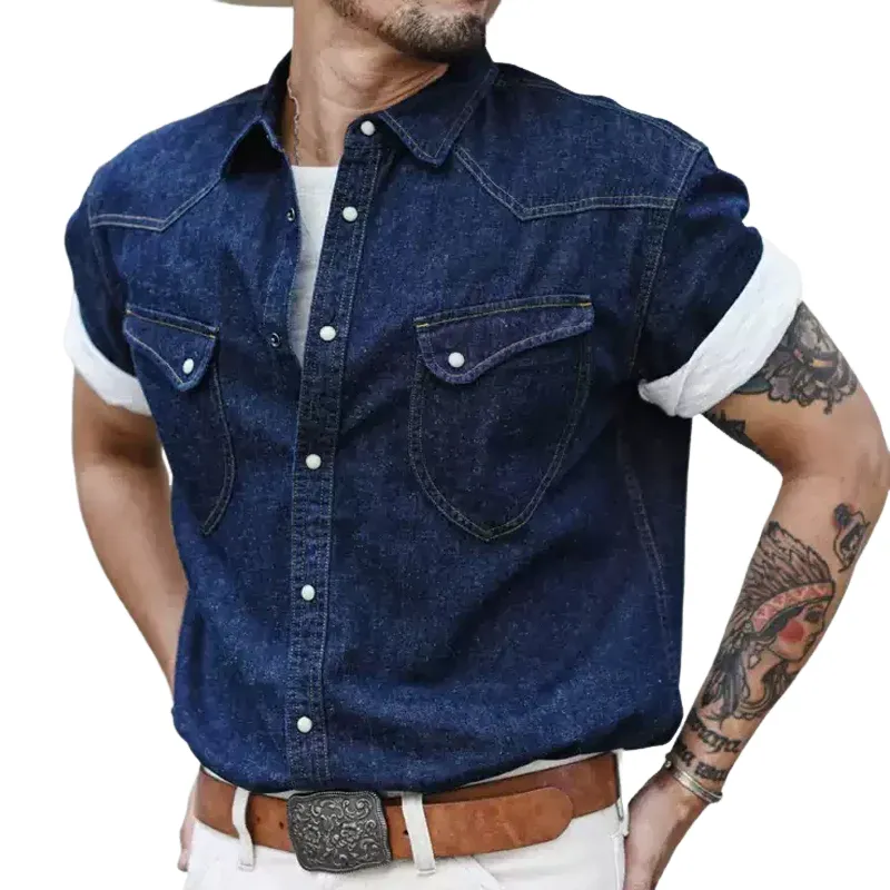 Men's Fashion Cargo Denim Lapel Chest Pocket Short Sleeve Shirt MTA1249D2Z sold by Manly
