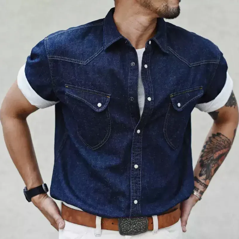 Men's Fashion Cargo Denim Lapel Chest Pocket Short Sleeve Shirt MTA1249D2Z sold by Manly product image thumbnail 3