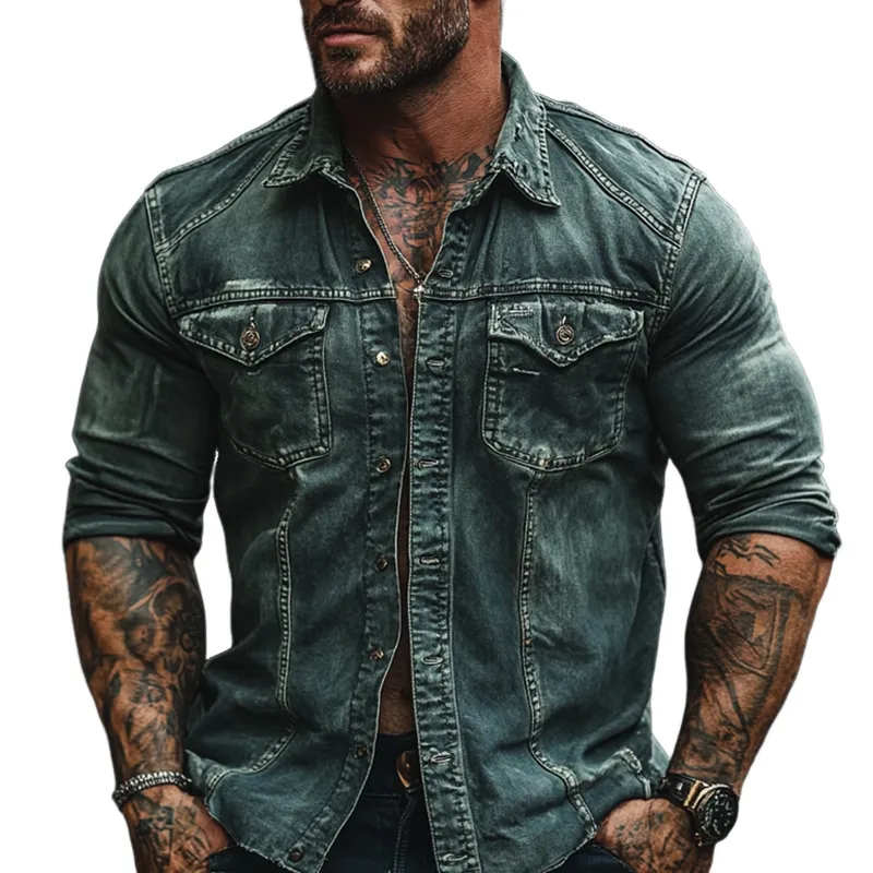 Men's Fashion Washed Distressed Lapel Chest Pocket Long Sleeve Denim Shirt MTA1233D8Z sold by Manly