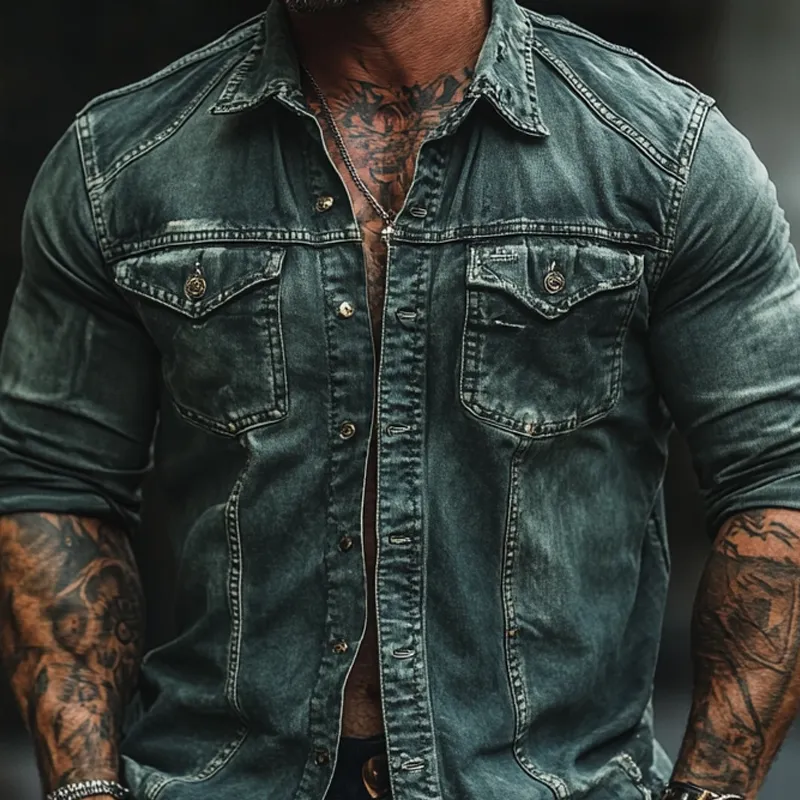 Men's Fashion Washed Distressed Lapel Chest Pocket Long Sleeve Denim Shirt MTA1233D8Z sold by Manly product image thumbnail 3