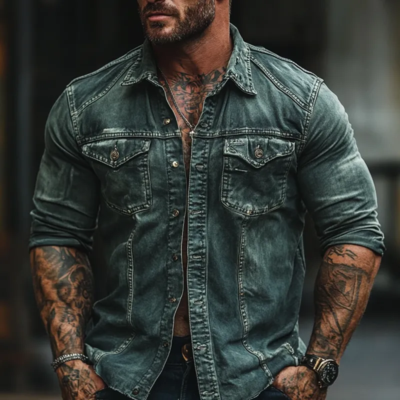 Men's Fashion Washed Distressed Lapel Chest Pocket Long Sleeve Denim Shirt MTA1233D8Z sold by Manly product image thumbnail 2