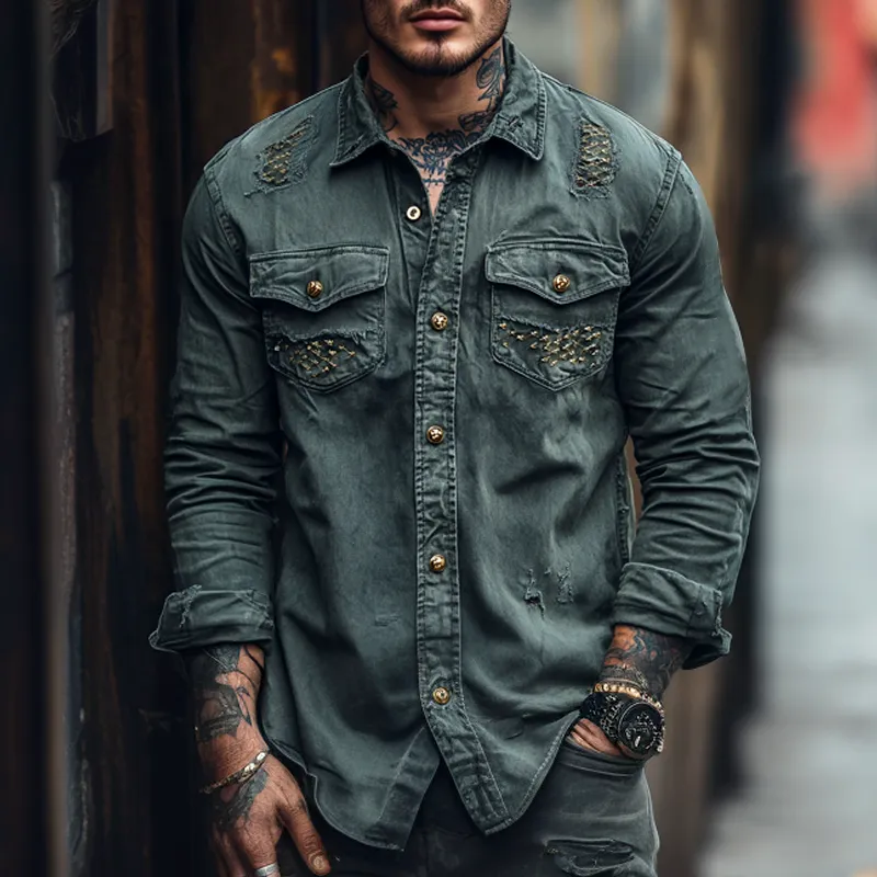 Men's Fashion Vintage Gothic Distressed Lapel Chest Pocket Long Sleeve Denim Shirt MTA1163D4Z sold by Manly product image thumbnail 2