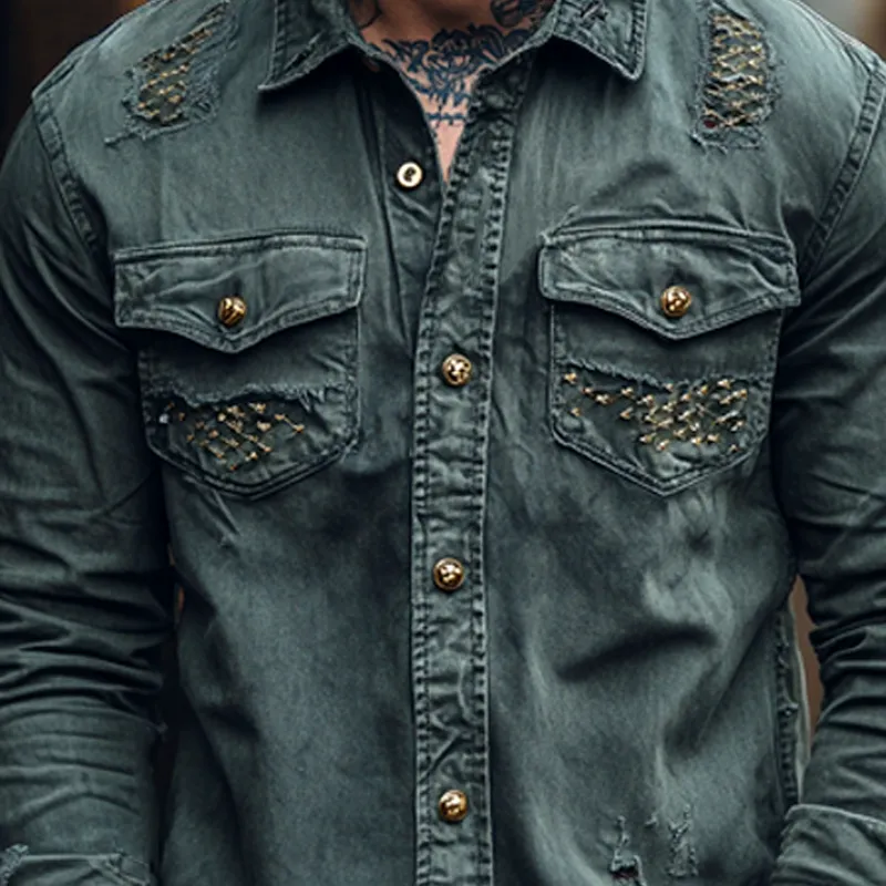 Men's Fashion Vintage Gothic Distressed Lapel Chest Pocket Long Sleeve Denim Shirt MTA1163D4Z sold by Manly product image thumbnail 3
