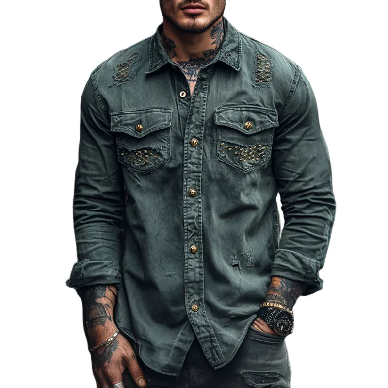 Men's Fashion Vintage Gothic Distressed Lapel Chest Pocket Long Sleeve Denim Shirt MTA1163D4Z sold by Manly
