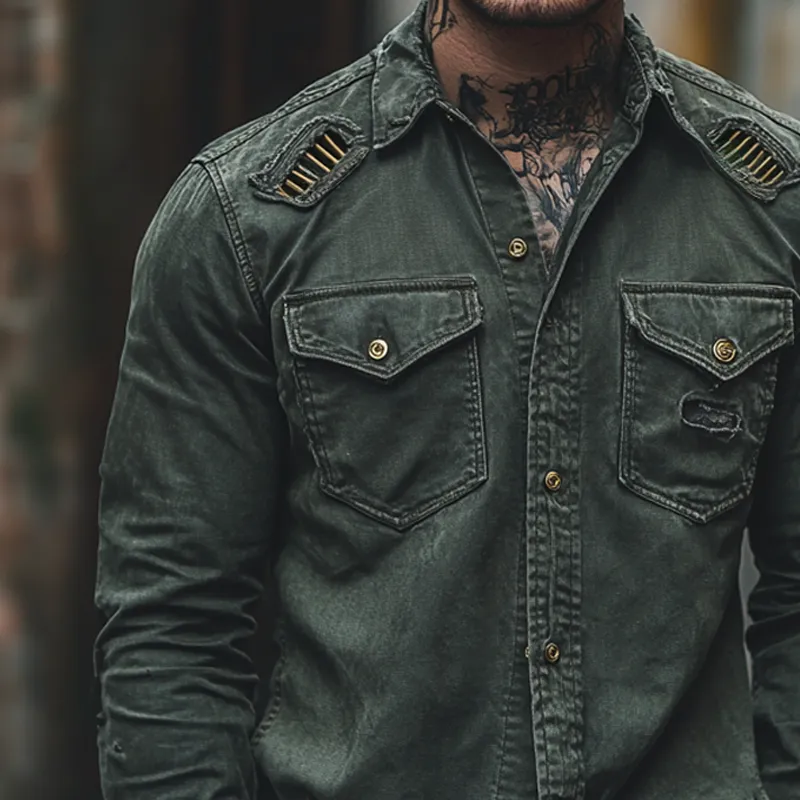 Men's Fashion Vintage Gothic Distressed Lapel Chest Pocket Long Sleeve Denim Shirt MTA1157D8Z sold by Manly product image thumbnail 3