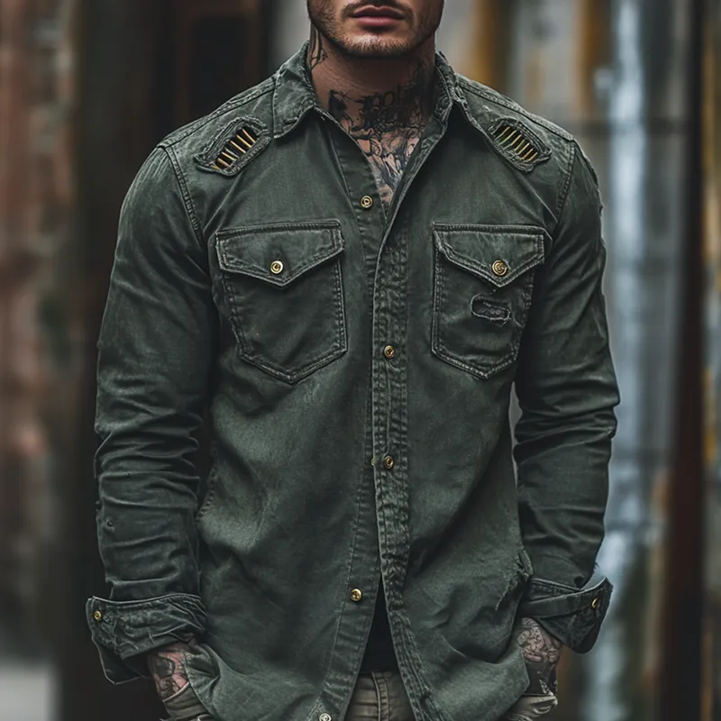 Men's Fashion Vintage Gothic Distressed Lapel Chest Pocket Long Sleeve Denim Shirt MTA1157D8Z sold by Manly product image thumbnail 2