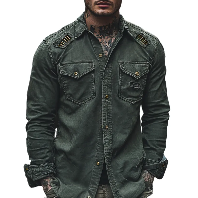 Men's Fashion Vintage Gothic Distressed Lapel Chest Pocket Long Sleeve Denim Shirt MTA1157D8Z sold by Manly