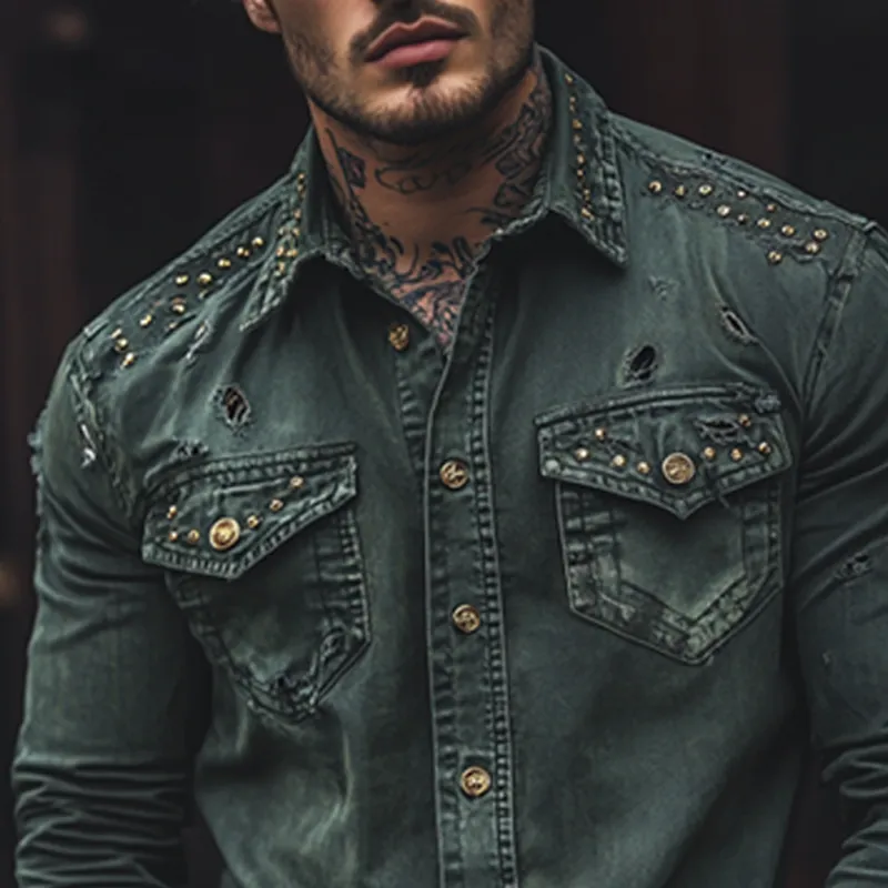 Men's Fashion Vintage Gothic Distressed Lapel Chest Pocket Long Sleeve Denim Shirt MTA1180D0Z sold by Manly product image thumbnail 3
