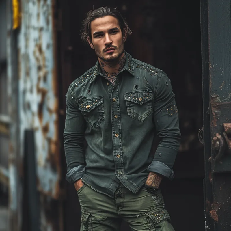 Men's Fashion Vintage Gothic Distressed Lapel Chest Pocket Long Sleeve Denim Shirt MTA1180D0Z sold by Manly product image thumbnail 4