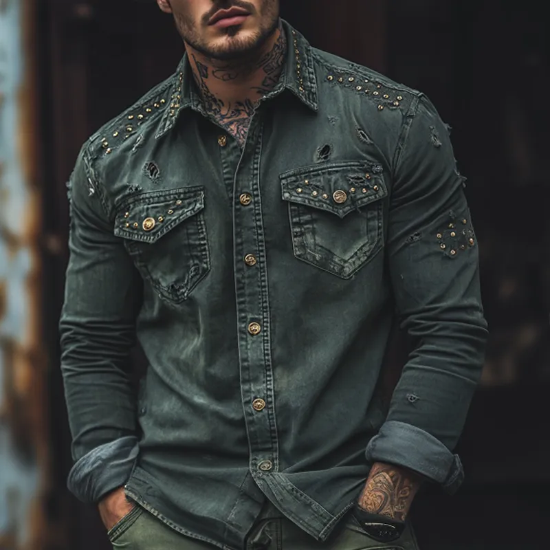 Men's Fashion Vintage Gothic Distressed Lapel Chest Pocket Long Sleeve Denim Shirt MTA1180D0Z sold by Manly product image thumbnail 2
