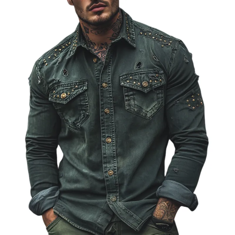 Men's Fashion Vintage Gothic Distressed Lapel Chest Pocket Long Sleeve Denim Shirt MTA1180D0Z sold by Manly