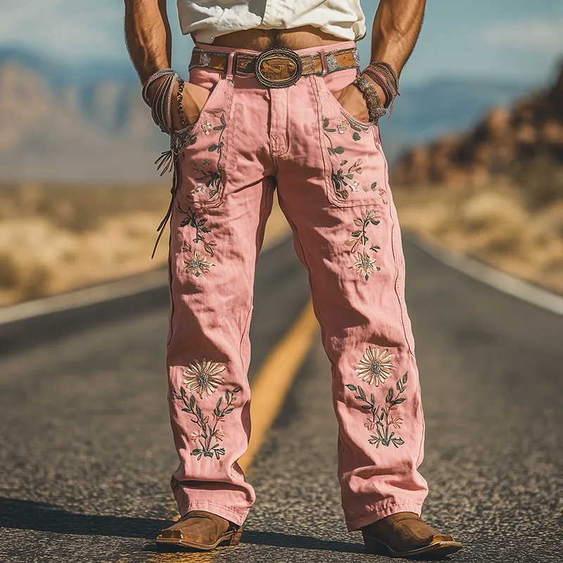 Men's Spring and Summer Fashion Casual Western Style Twill Cotton Embroidered Overalls (Without Belt) MTA1644D7K sold by Manly product image thumbnail 2