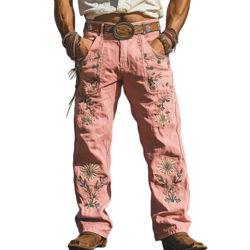 Men's Spring and Summer Fashion Casual Western Style Twill Cotton Embroidered Overalls (Without Belt) MTA1644D7K sold by Manly
