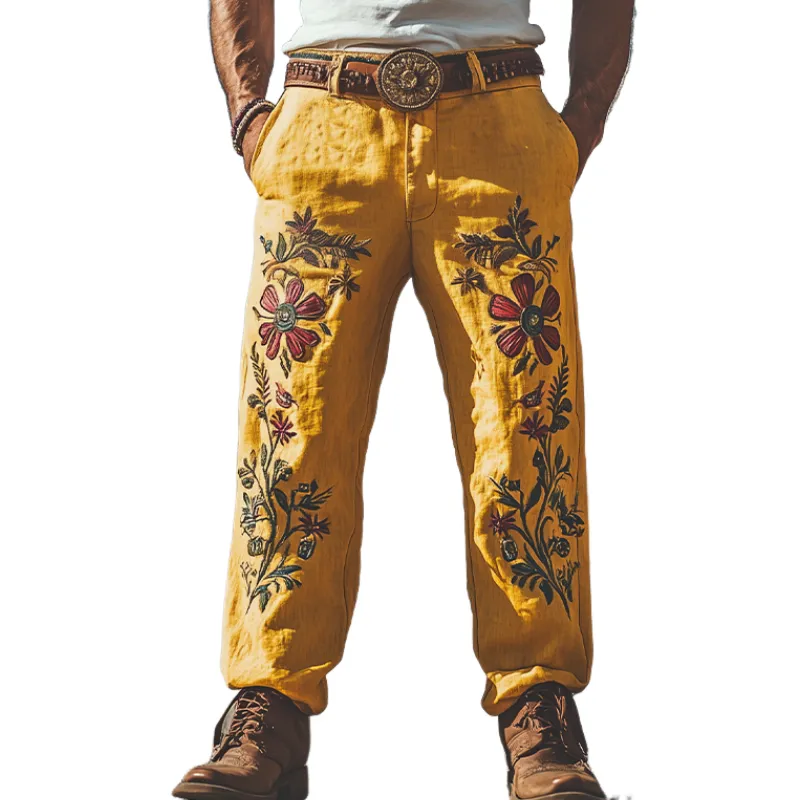 Men's Summer Fashion Casual Western Style Cotton and Linen Embroidered Pants (Without Belt) MTA1682D3K sold by Manly