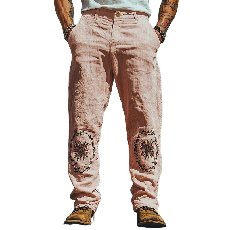 Men's Summer Fashion Casual Western Style Cotton and Linen Embroidered Pants MTA1637D3K sold by Manly