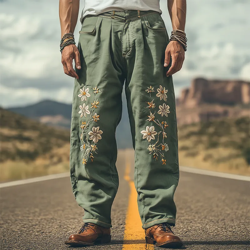 Men's Spring and Summer Fashion Casual Western Style Cotton and Linen Embroidered Pants MTA1676D5K sold by Manly product image thumbnail 2