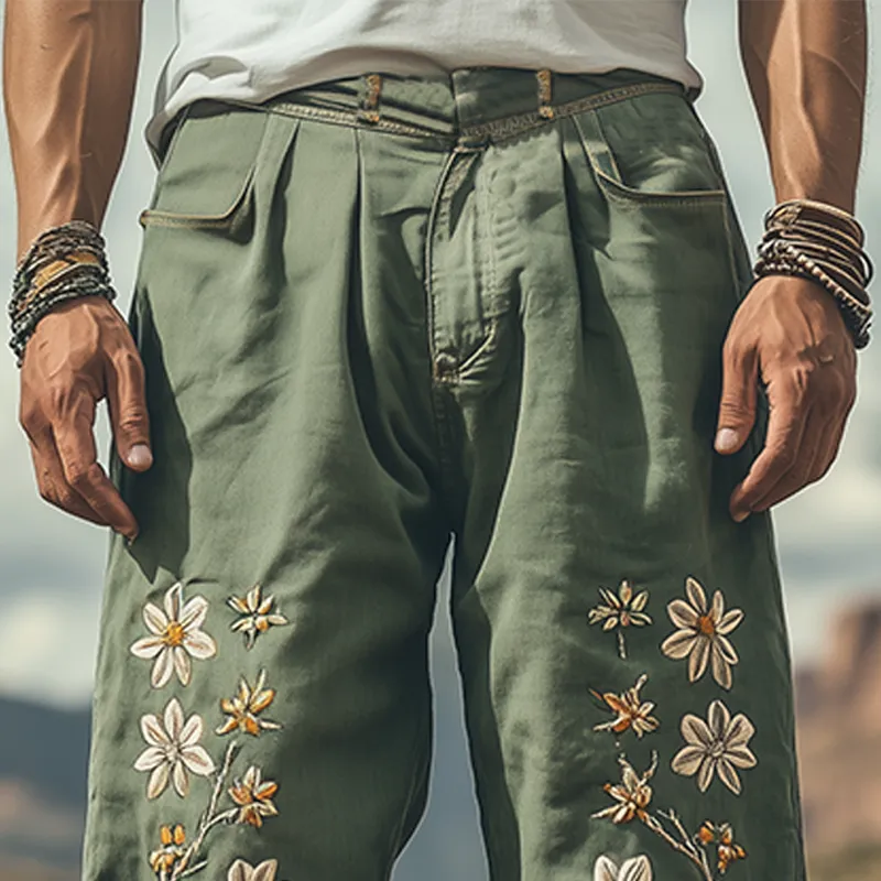 Men's Spring and Summer Fashion Casual Western Style Cotton and Linen Embroidered Pants MTA1676D5K sold by Manly product image thumbnail 3