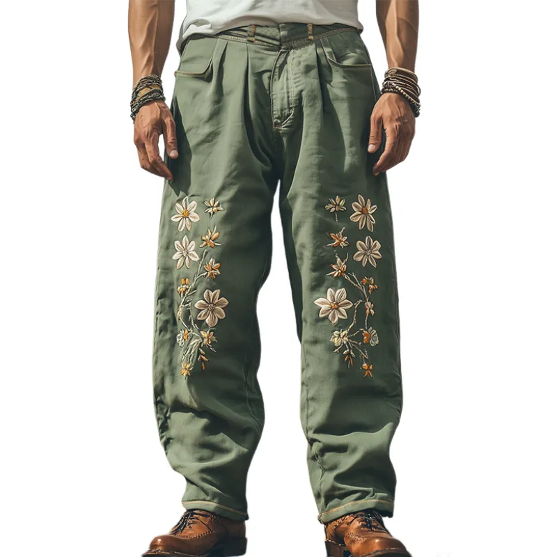 Men's Spring and Summer Fashion Casual Western Style Cotton and Linen Embroidered Pants MTA1676D5K sold by Manly