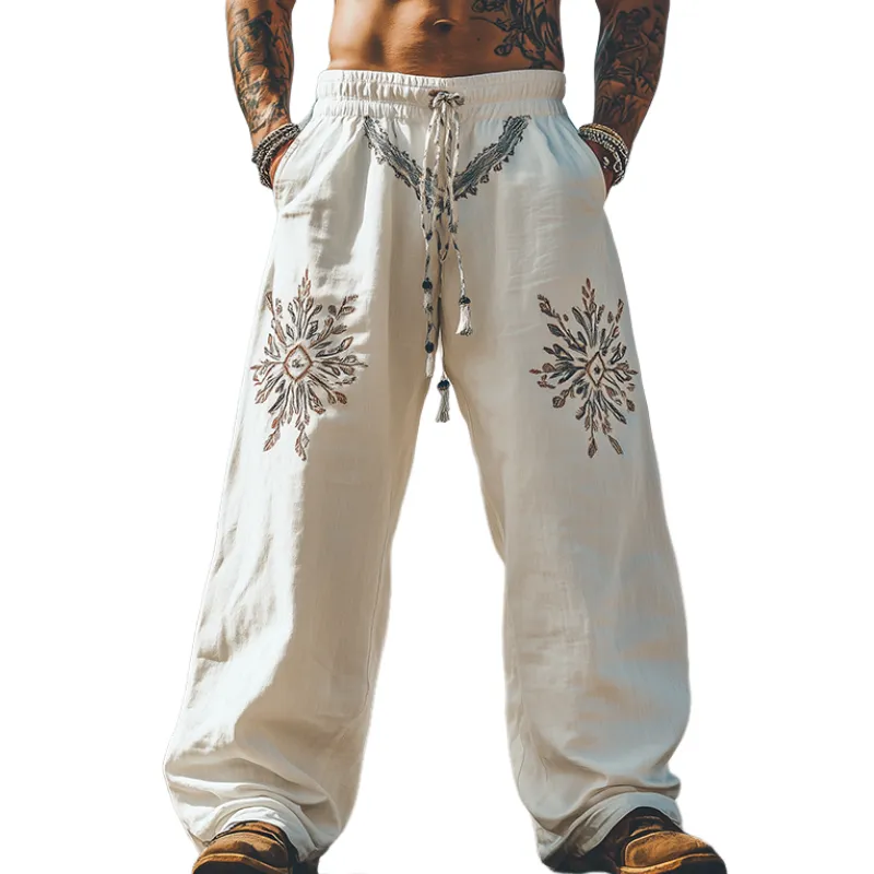 Men's Summer Fashion Casual Western Style Elastic Waist Cotton and Linen Embroidered Pants MTA1676D2K sold by Manly