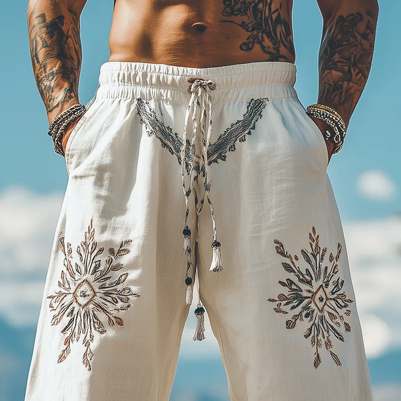 Men's Summer Fashion Casual Western Style Elastic Waist Cotton and Linen Embroidered Pants MTA1676D2K sold by Manly product image thumbnail 3