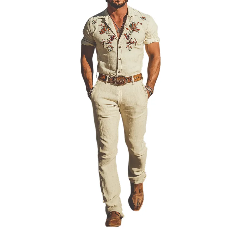 Men's Summer Fashion Casual Western Style Cotton and Linen Embroidered Trousers Jumpsuit MTA1632D3K sold by Manly