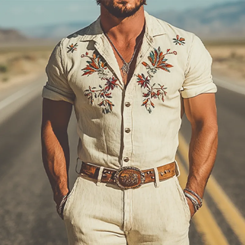 Men's Summer Fashion Casual Western Style Cotton and Linen Embroidered Trousers Jumpsuit MTA1632D3K sold by Manly product image thumbnail 3