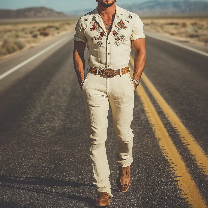 Men's Summer Fashion Casual Western Style Cotton and Linen Embroidered Trousers Jumpsuit MTA1632D3K sold by Manly product image thumbnail 2