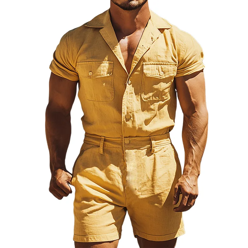 Men's Summer Fashion Casual Western Style Multi-Pocket Cotton and Linen Jumpsuit MTA1688D5K sold by Manly