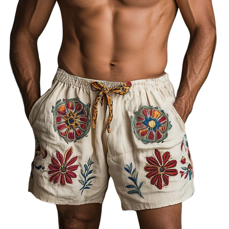 Men's Summer Retro Embroidered Cotton and Linen Elastic Lace-up Shorts MTA1540D5U sold by Manly