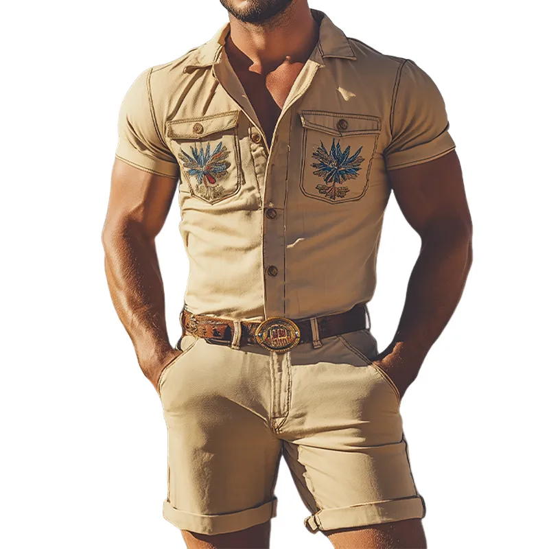 Men's Spring and Summer Fashion Casual Twill Cotton Embroidery Workwear Jumpsuit MTA1609D1K sold by Manly