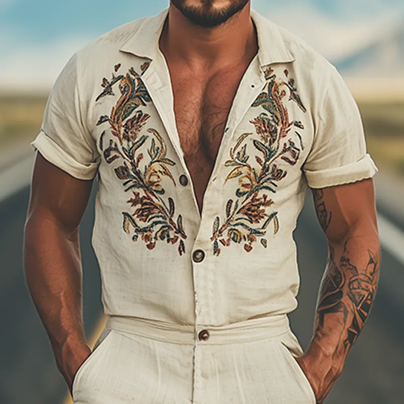 Men's Summer Fashion Casual Retro Western Style Cotton and Linen Embroidered Jumpsuit MTA1604D8K sold by Manly product image thumbnail 4