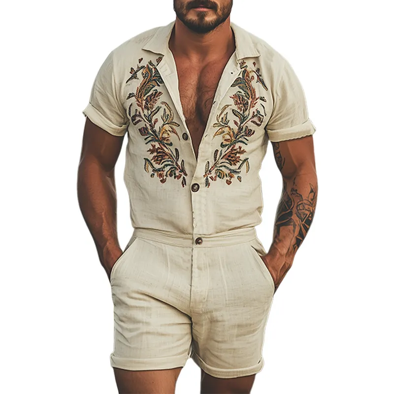 Men's Summer Fashion Casual Retro Western Style Cotton and Linen Embroidered Jumpsuit MTA1604D8K sold by Manly