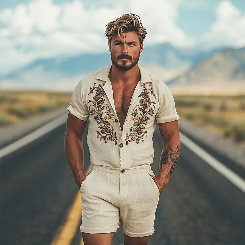 Men's Summer Fashion Casual Retro Western Style Cotton and Linen Embroidered Jumpsuit MTA1604D8K sold by Manly product image thumbnail 3