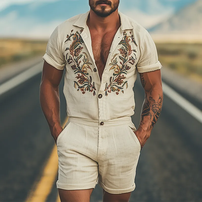 Men's Summer Fashion Casual Retro Western Style Cotton and Linen Embroidered Jumpsuit MTA1604D8K sold by Manly product image thumbnail 2
