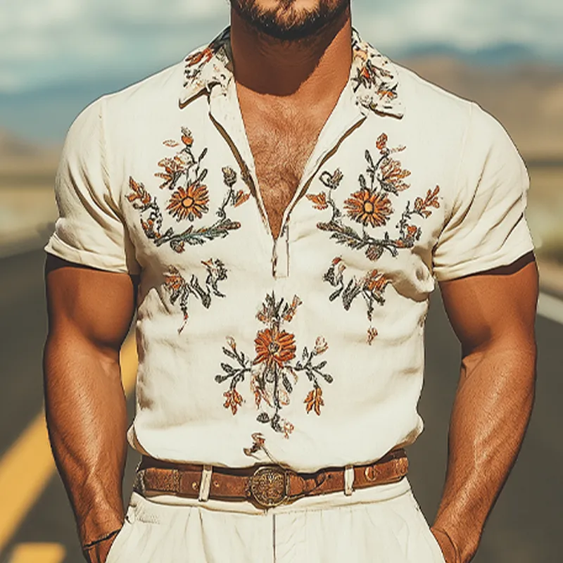 Men's Summer Fashion Casual Western Style Deep V Neck Cotton and Linen Embroidered Jumpsuit MTA1620D0K sold by Manly product image thumbnail 4