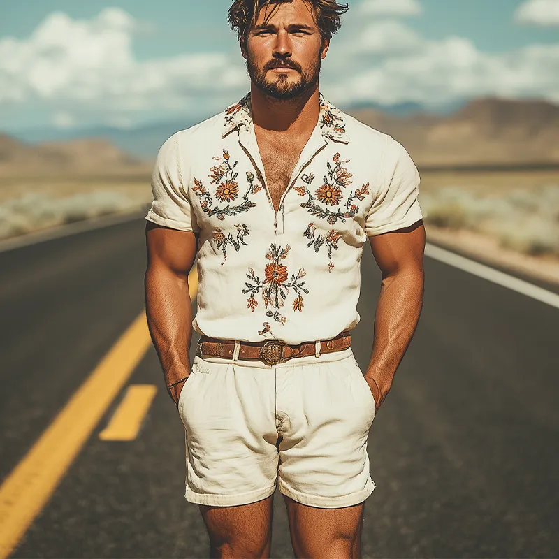 Men's Summer Fashion Casual Western Style Deep V Neck Cotton and Linen Embroidered Jumpsuit MTA1620D0K sold by Manly product image thumbnail 3