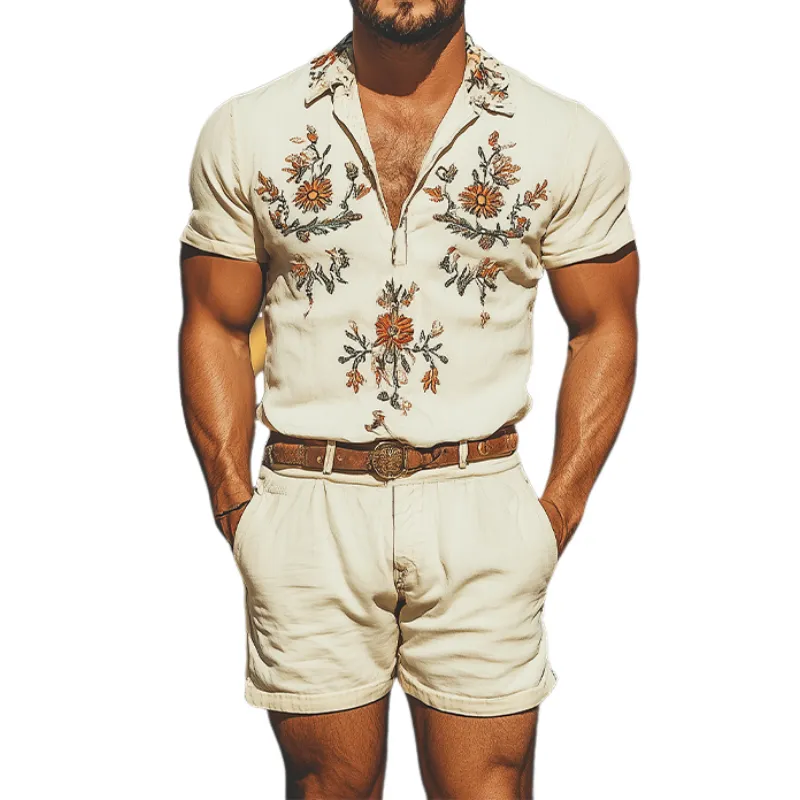 Men's Summer Fashion Casual Western Style Deep V Neck Cotton and Linen Embroidered Jumpsuit MTA1620D0K sold by Manly