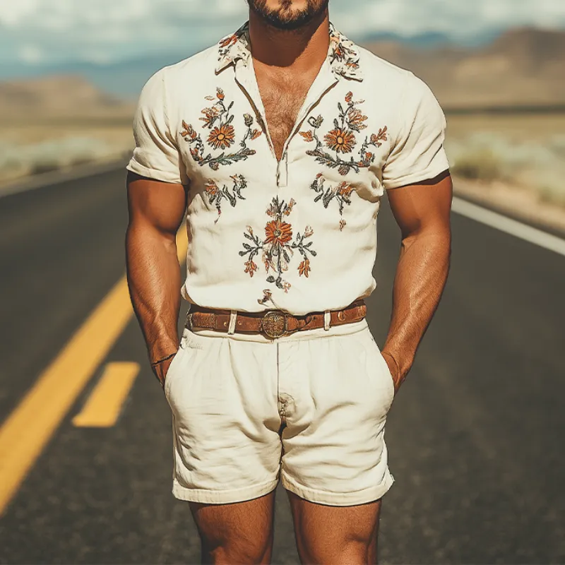 Men's Summer Fashion Casual Western Style Deep V Neck Cotton and Linen Embroidered Jumpsuit MTA1620D0K sold by Manly product image thumbnail 2