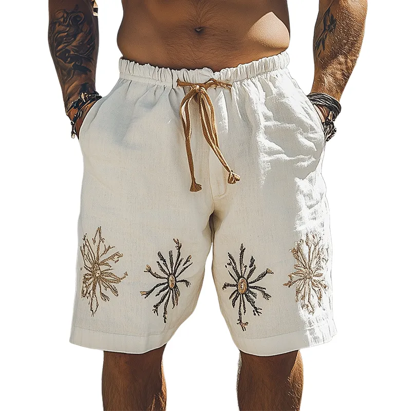 Men's Summer Fashion Casual Western Style Ramie Embroidery Elastic Waist Shorts MTA1622D5K sold by Manly