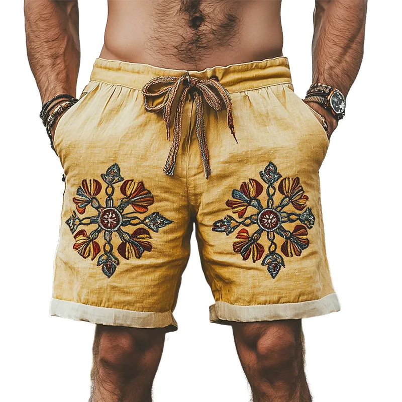 Men's Summer Fashion Casual Western Style Ramie Splicing Embroidery Shorts MTA1514D4K sold by Manly