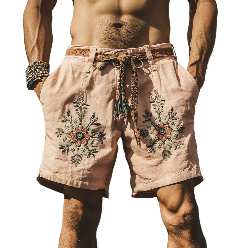 Men's Summer Fashion Casual Western Style Ramie Embroidery Shorts (Without Belt) MTA1503D1K sold by Manly