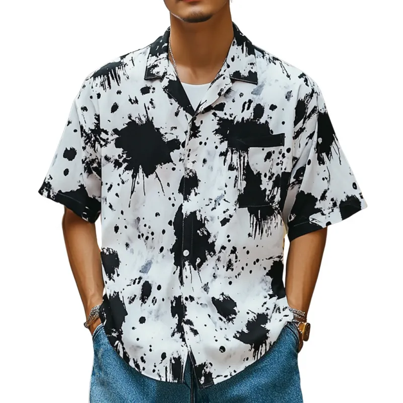 Men's Fashion Ink Splash Print Lapel Loose Short Sleeve Shirt MTA1583D1M made by Manly