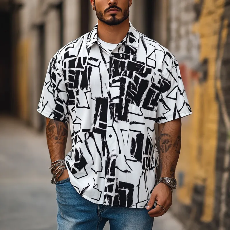 Men's Fashion Geometric Print Lapel Loose Short Sleeve Shirt MTA1549D2M sold by Manly product image thumbnail 2