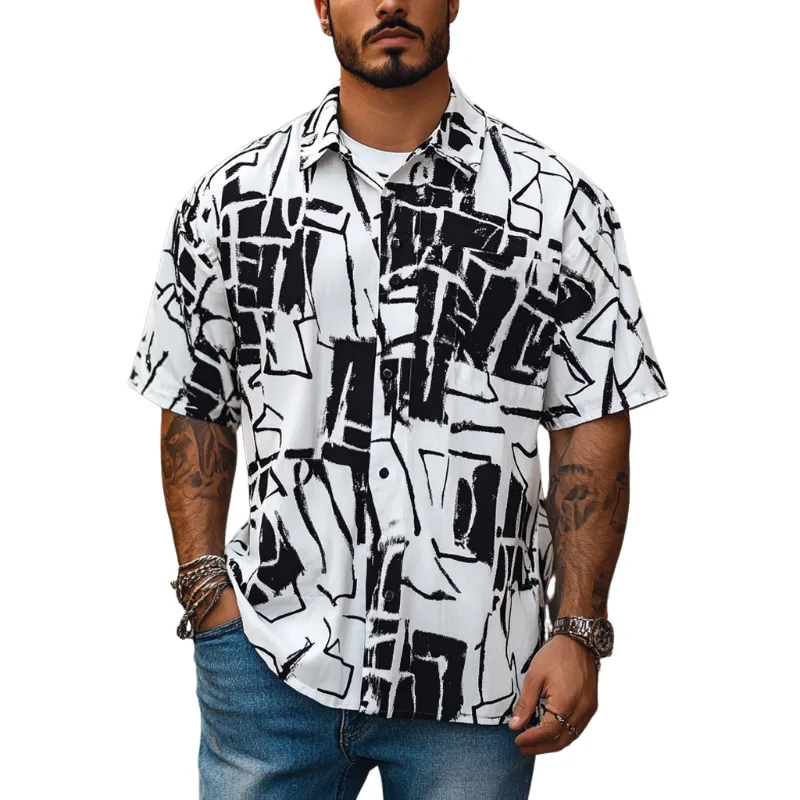 Men's Fashion Geometric Print Lapel Loose Short Sleeve Shirt MTA1549D2M sold by Manly