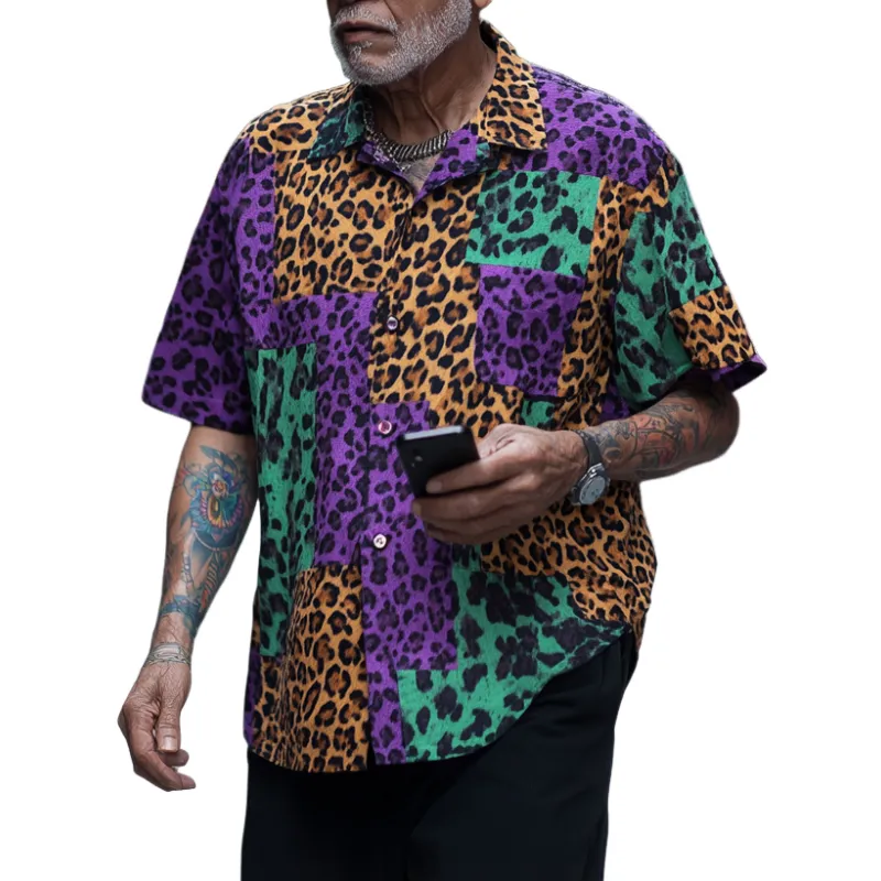 Men's Retro Contrast Leopard Print Lapel Loose Short Sleeve Shirt MTA1584D6M sold by Manly