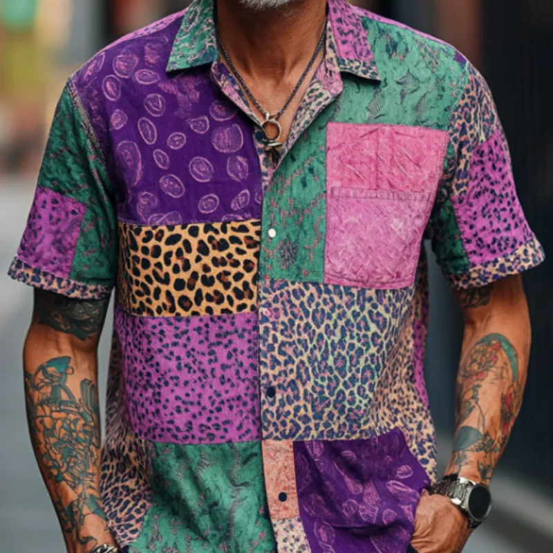 Men's Retro Contrast Graphic Print Lapel Loose Short Sleeve Shirt MTA1586D5M sold by Manly product image thumbnail 3