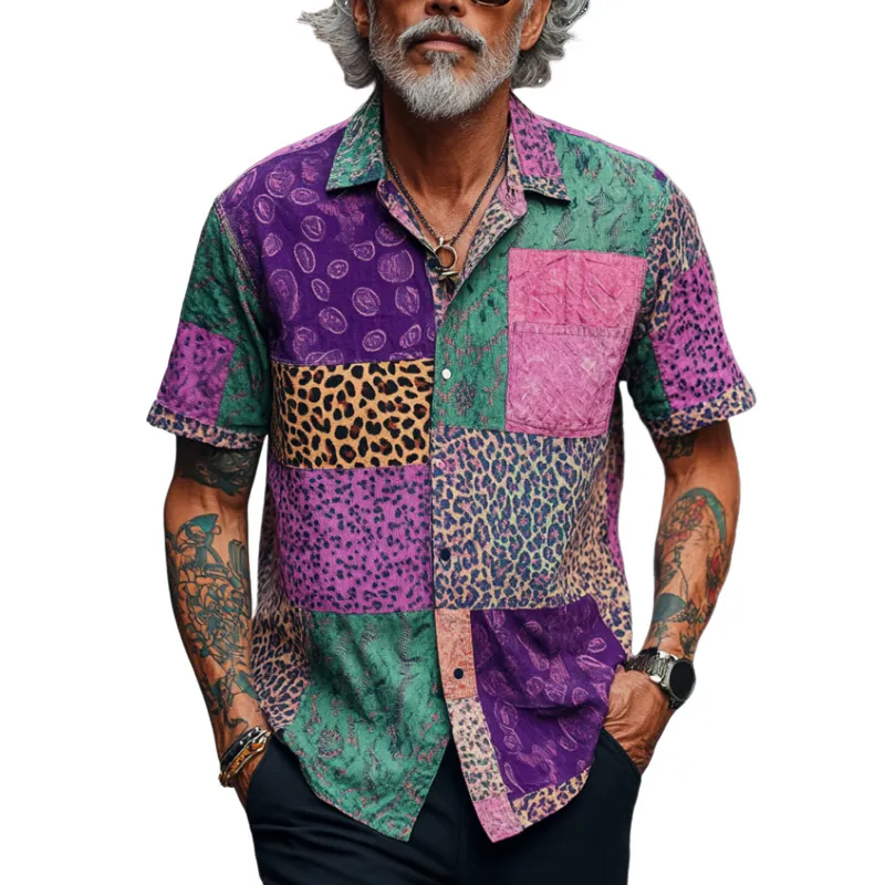Men's Retro Contrast Graphic Print Lapel Loose Short Sleeve Shirt MTA1586D5M sold by Manly