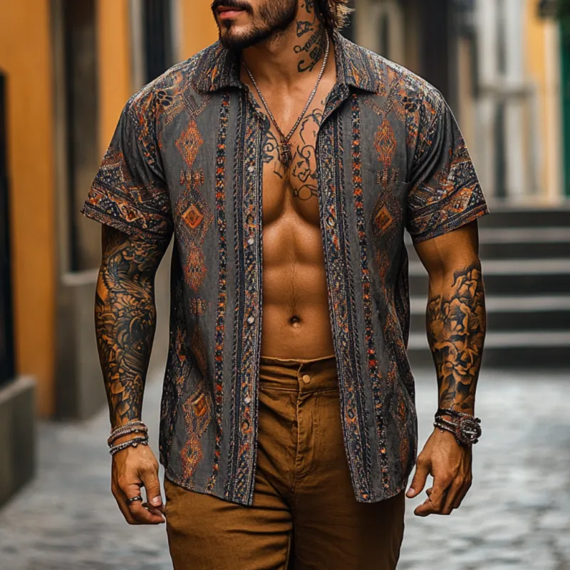 Men's Retro Bohemian Print Lapel Loose Short Sleeve Shirt MTA1531D4M sold by Manly product image thumbnail 2