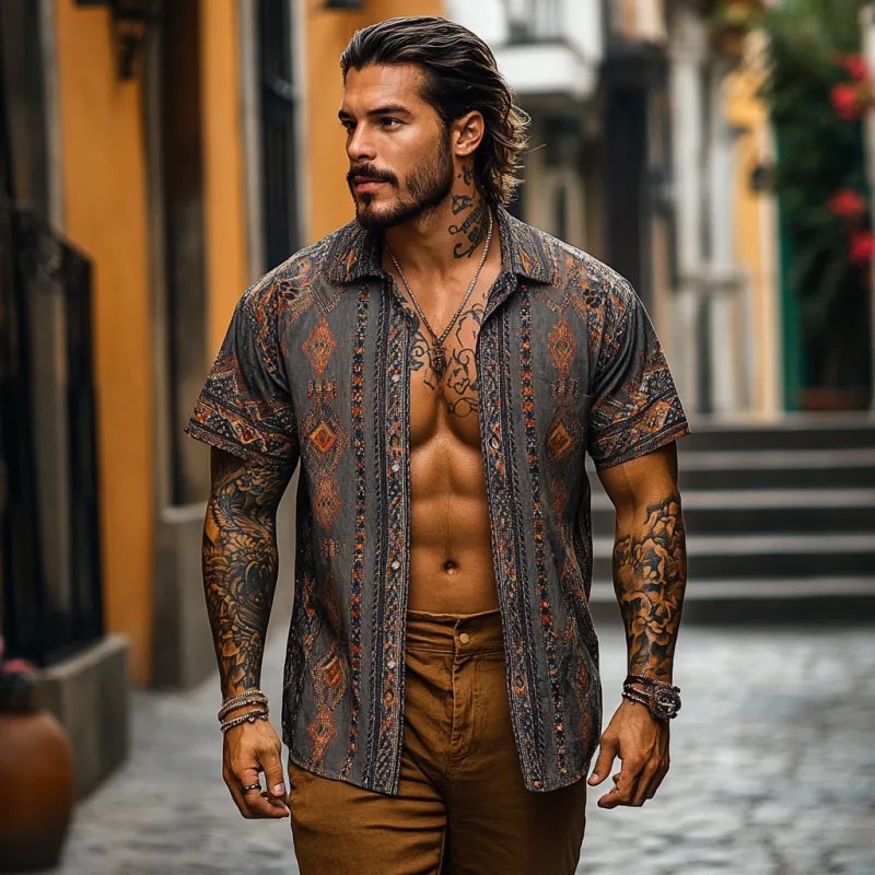 Men's Retro Bohemian Print Lapel Loose Short Sleeve Shirt MTA1531D4M sold by Manly product image thumbnail 3